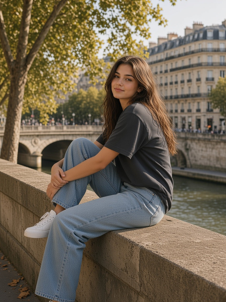 Marcel Afters Heavyweight Earth Tone T-Shirt in Carbon Gray, worn by a woman, seated on a Seine wall, Paris