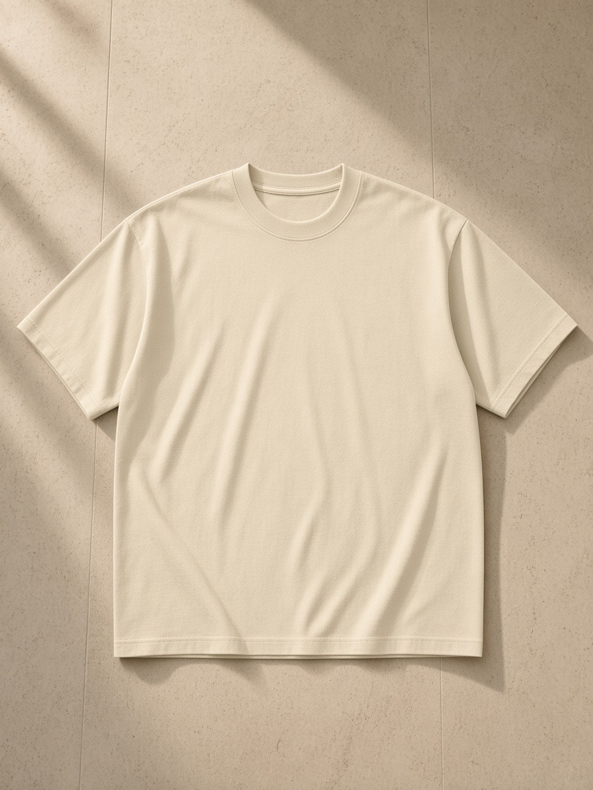 Heavyweight Earth Tone T-Shirt in Milk Tea, laid flat on pale limestone
