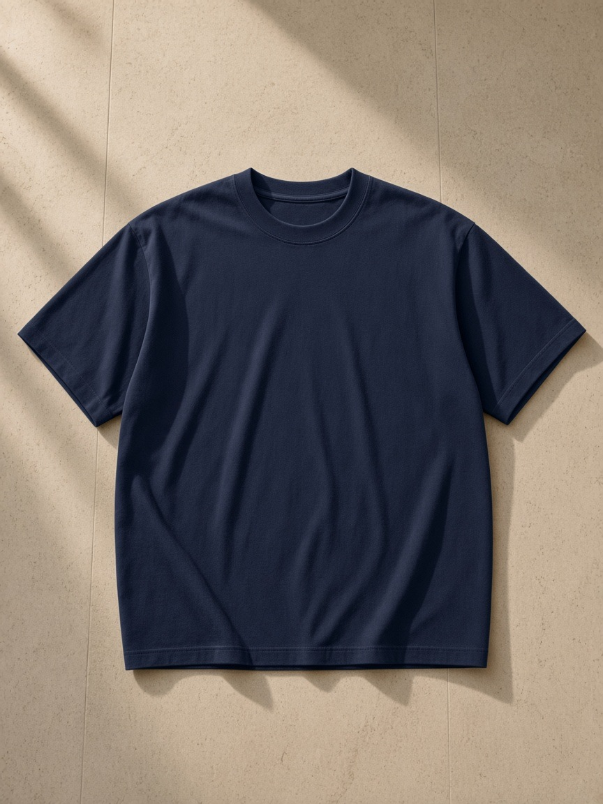 Heavyweight Earth Tone T-Shirt in Navy, laid flat on pale limestone