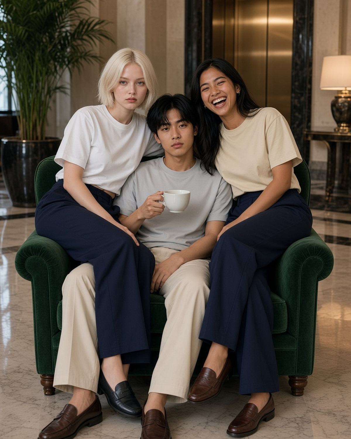 Three people in the Heavyweight Earth Tone T-Shirt in White, Oat Gray and Milk Tea on one armchair in a grand-hotel lobby