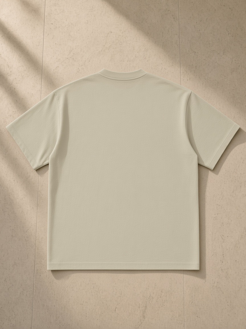 Heavyweight Earth Tone T-Shirt in Sand Color, laid flat on pale limestone, back.
