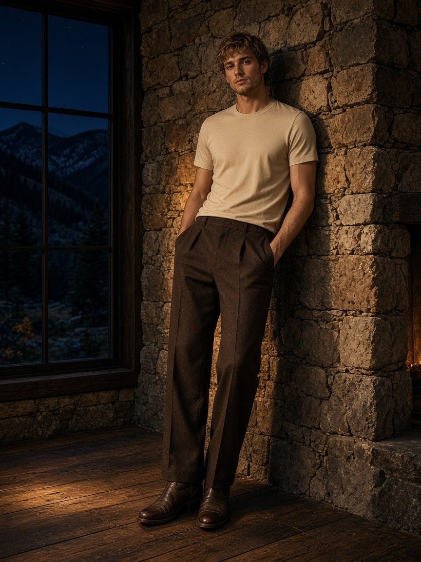 Man in the Heavyweight Earth Tone T-Shirt in Sand Color in a firelit stone ranch lodge in Montana at night