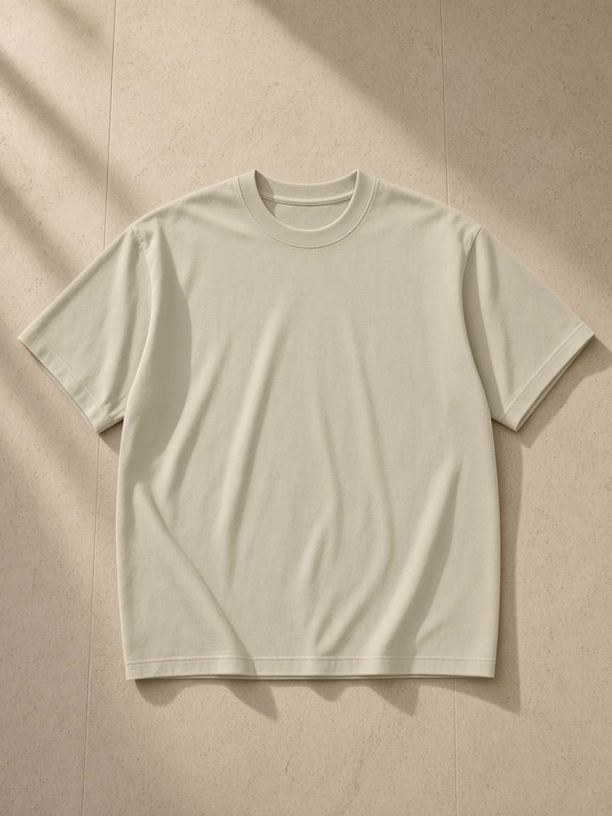 Heavyweight Earth Tone T-Shirt in Sand Color, laid flat on pale limestone