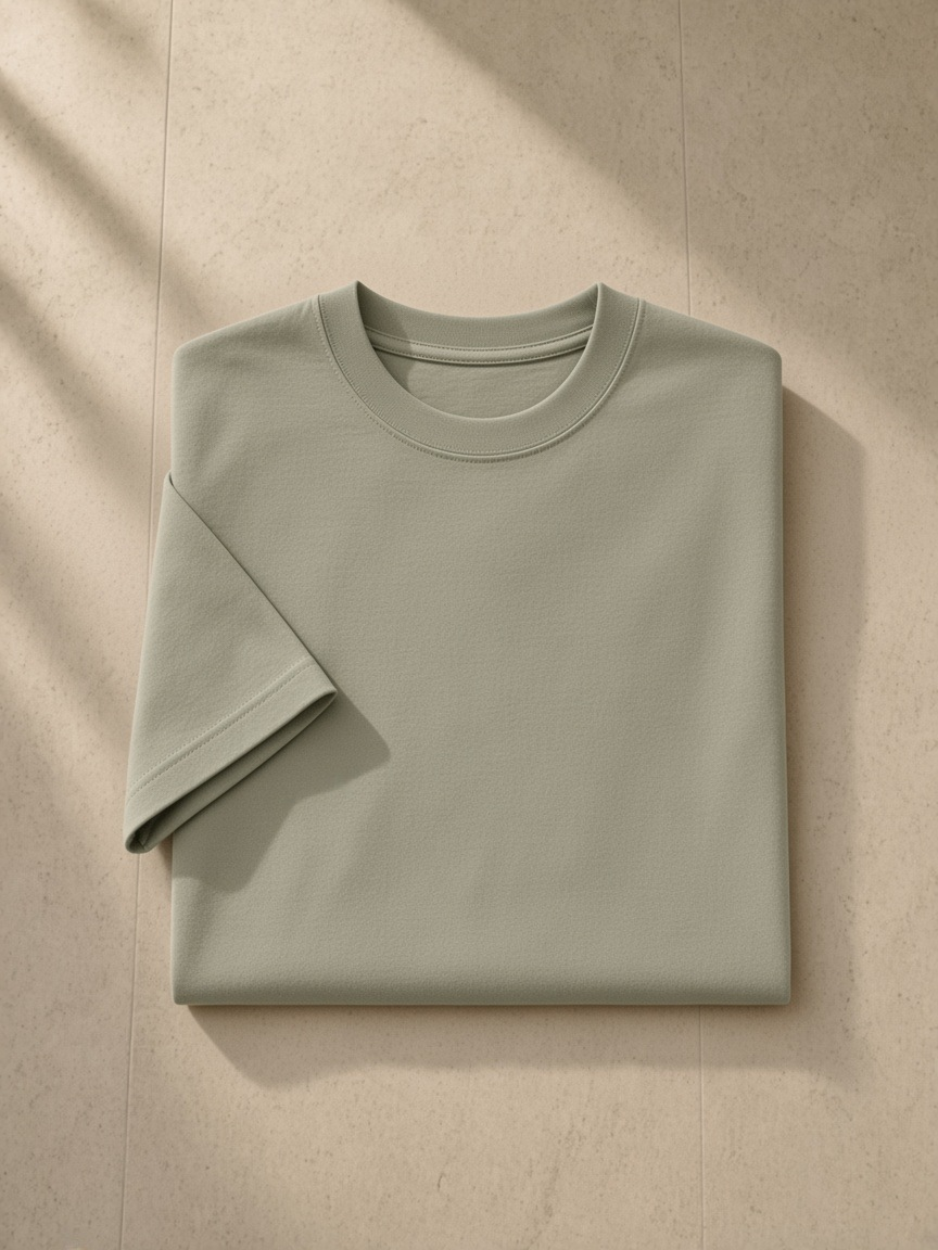 Heavyweight Earth Tone T-Shirt in Sand Color, folded on pale limestone, sleeve and hem detail.
