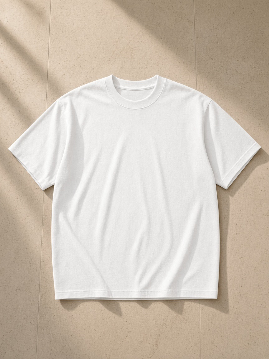 Heavyweight Earth Tone T-Shirt in White, laid flat on pale limestone