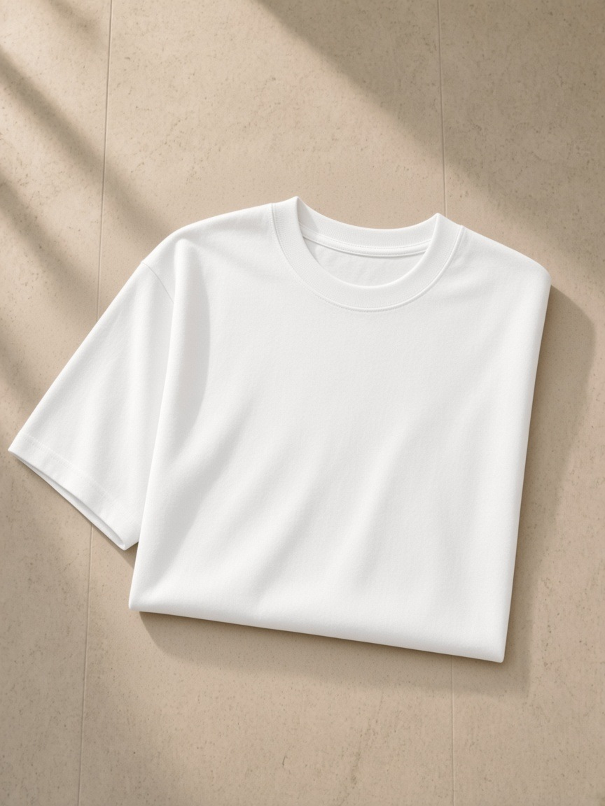 Heavyweight Earth Tone T-Shirt in White, folded on pale limestone, sleeve and hem detail.
