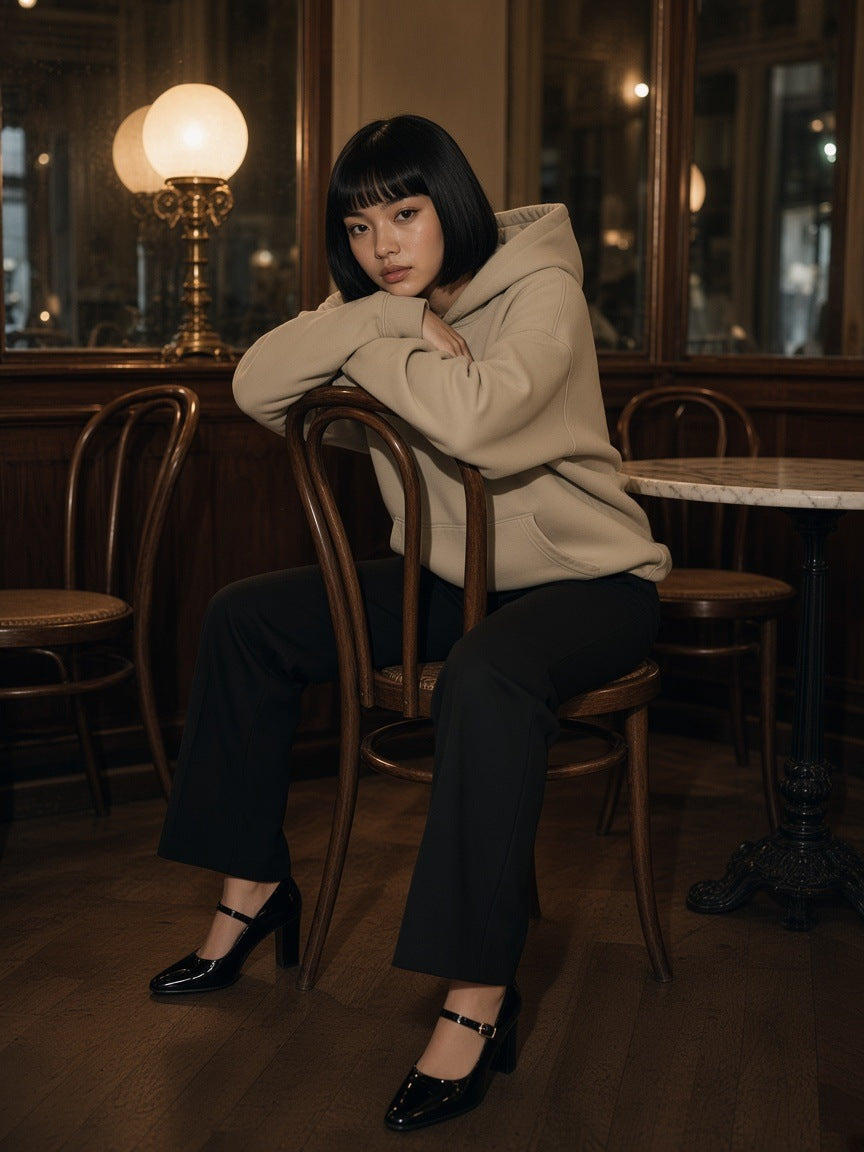 Woman in the Heavyweight Fleece Boxy Hoodie in Khaki with black wide trousers and Mary Janes, on a bentwood chair in a Vienna coffee house at closing