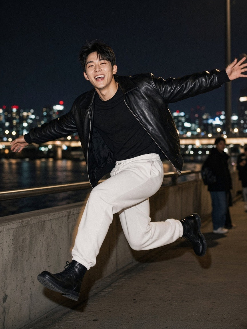 Man in the Men's Heavyweight Fleece Joggers in White with a black leather jacket, leaping on a riverside walkway at night