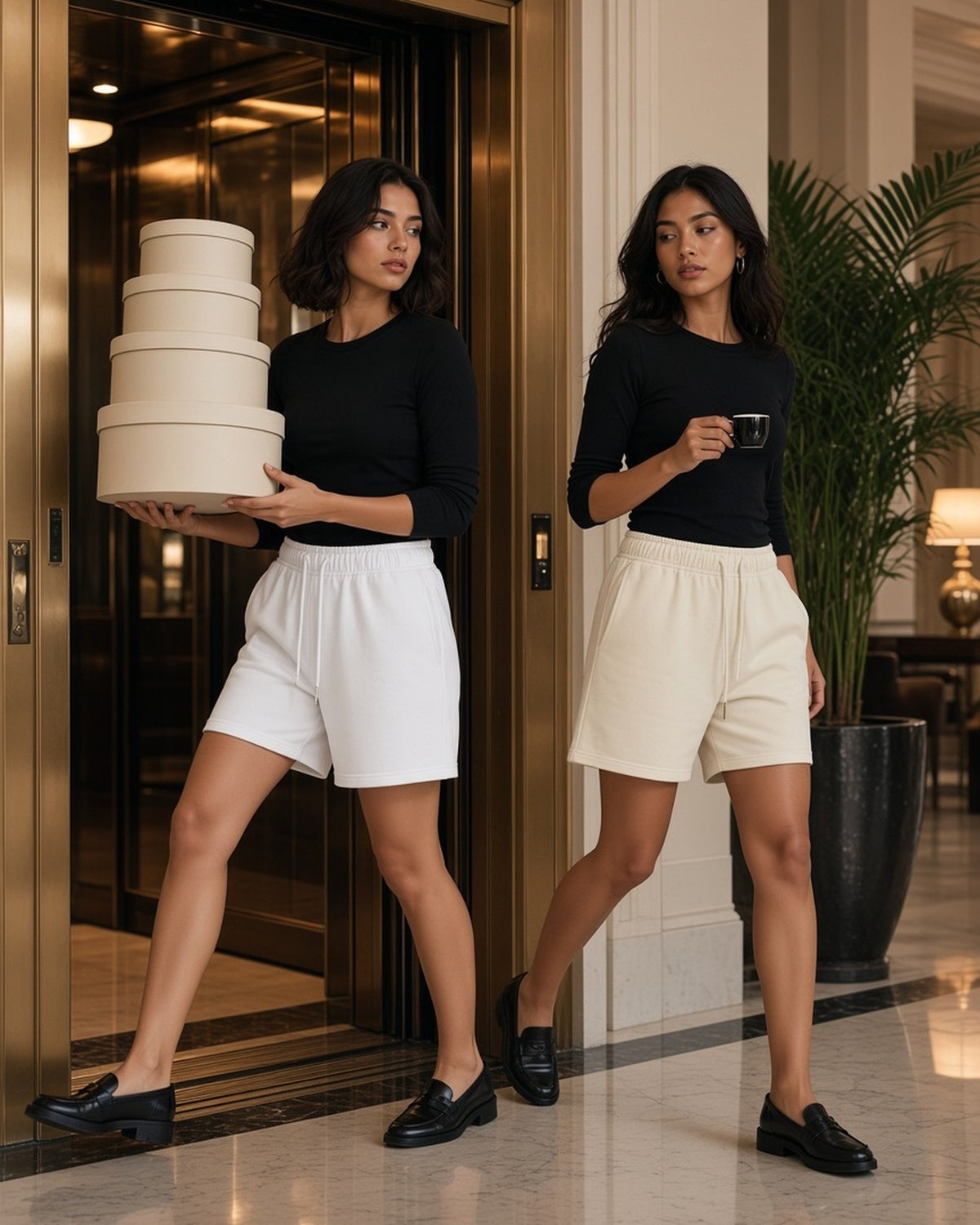 Two women in the Heavyweight Fleece Loose Fit Shorts in Lucent White and Bone at the brass lift of a grand hotel
