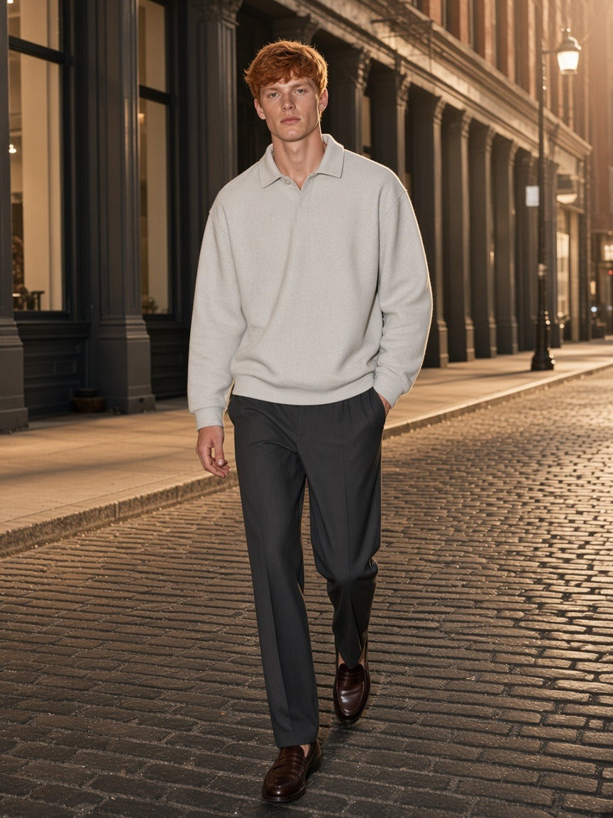 Model wearing the Heavyweight Fleece Polo Sweatshirt in Flower Gray, full-length model photo