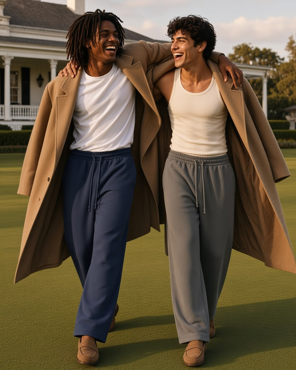 Two men in the Heavyweight Fleece Sweatpants in Navy Blue and Dark Gray, sharing a camel coat and laughing across a club lawn