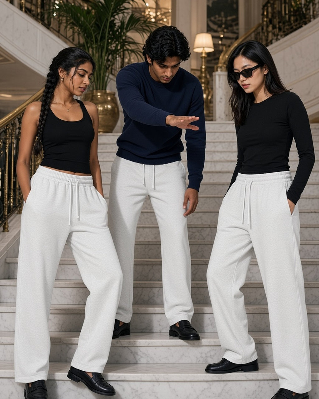 Three people in the Heavyweight Fleece Sweatpants in Flower Gray on a marble staircase in a grand hotel