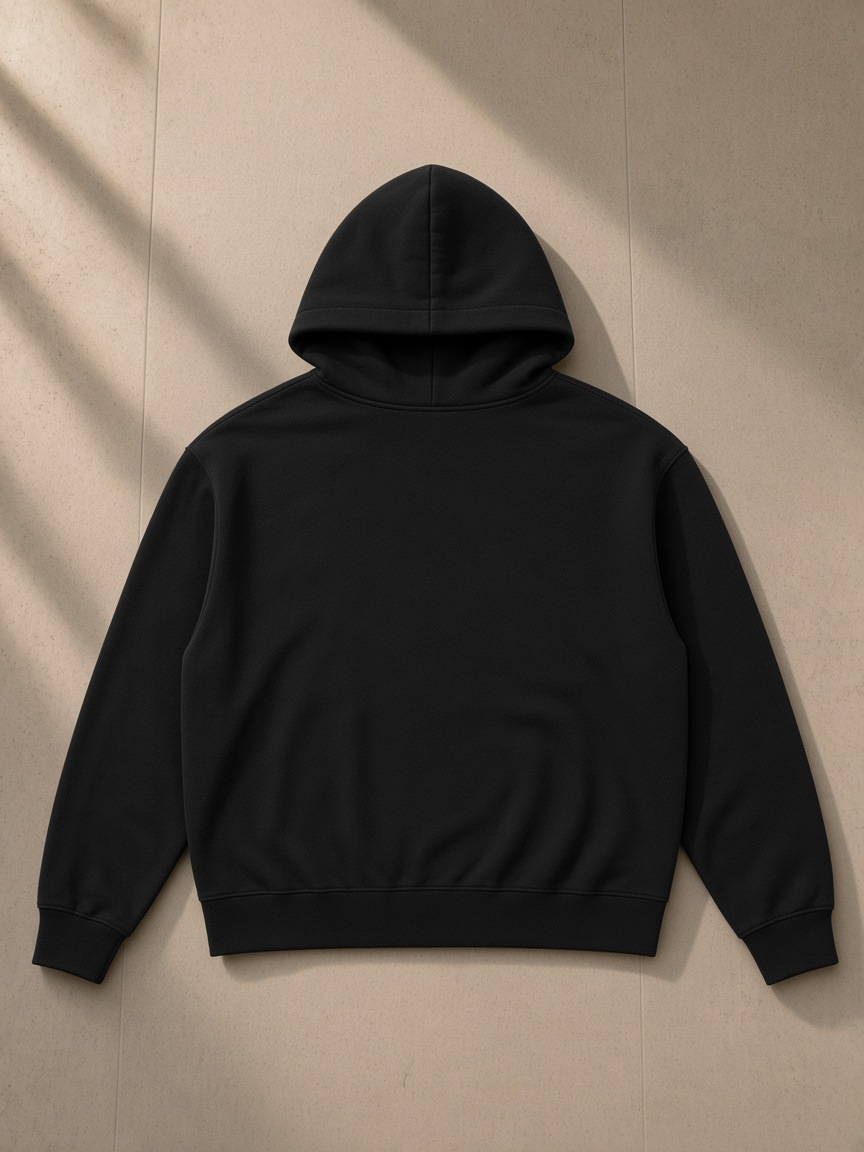 Heavyweight boxy full-zip hoodie in Black, laid flat on pale limestone, back view