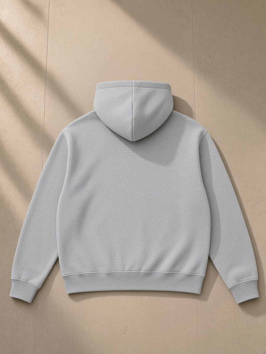 Heavyweight boxy full-zip hoodie in Flower Gray, laid flat on pale limestone, back view