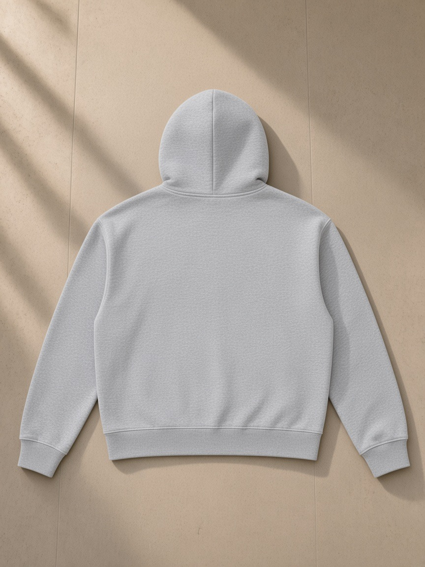 Men's heavyweight boxy full-zip hoodie in Flower Gray, laid flat on pale limestone, back view