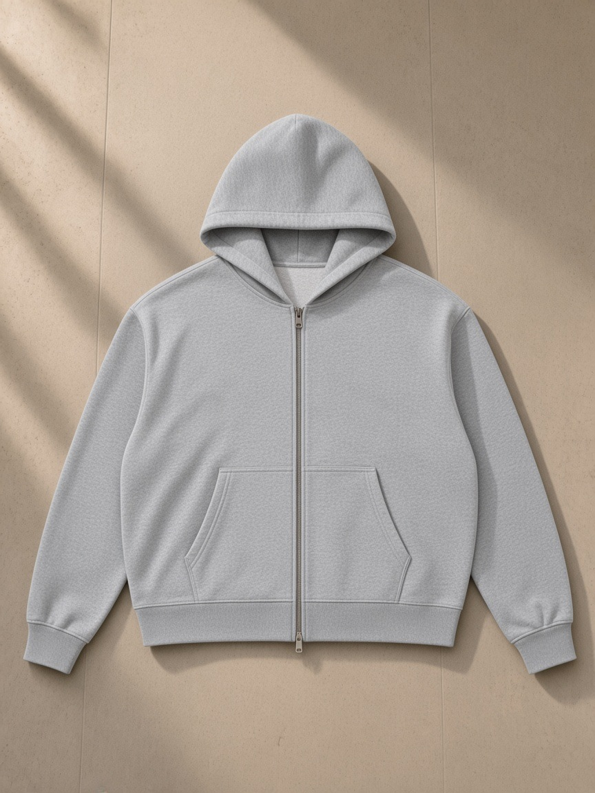 Men's heavyweight boxy full-zip hoodie in Flower Gray, laid flat on pale limestone
