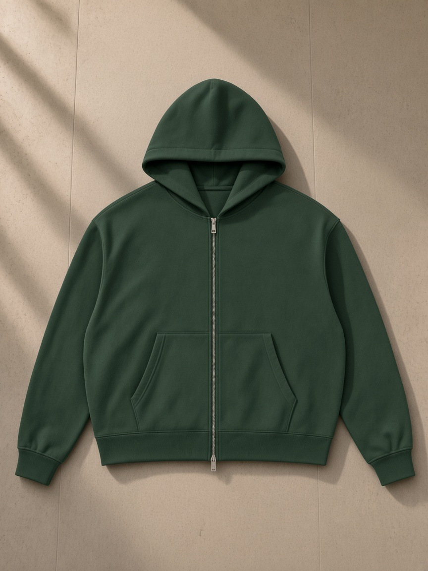 Heavyweight Full Zip Hoodie in Blackish Green, laid flat on pale limestone, front.