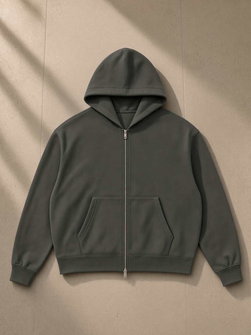 Heavyweight Full Zip Hoodie in Dark Gray, laid flat on pale limestone, front.
