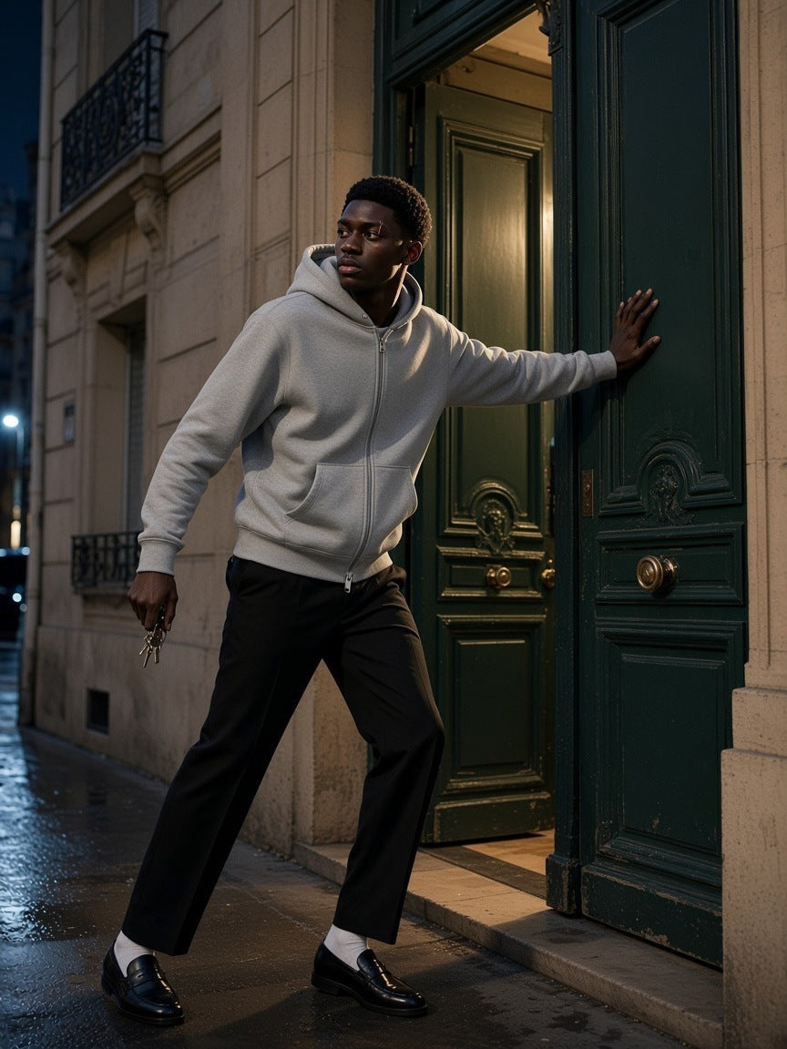 Man in the Heavyweight Full Zip Hoodie in Flower Gray pushing open a green Paris apartment door at night
