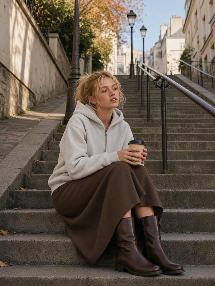 Woman in the Heavyweight Full Zip Hoodie in Oat Gray seated on the Montmartre steps in Paris with a coffee in the morning