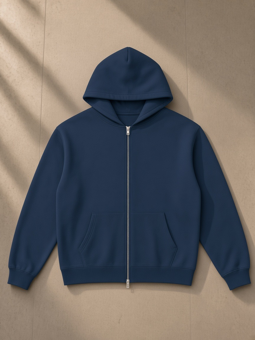 Heavyweight Full Zip Hoodie in Navy Blue, laid flat on pale limestone, front.
