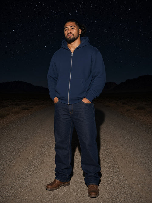 Model wearing the Heavyweight Full Zip Hoodie in Navy Blue, full-length model photo