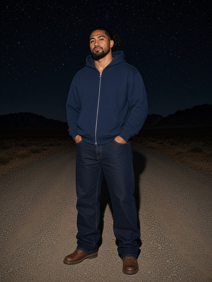 Model wearing the Heavyweight Full Zip Hoodie in Navy Blue, full-length model photo