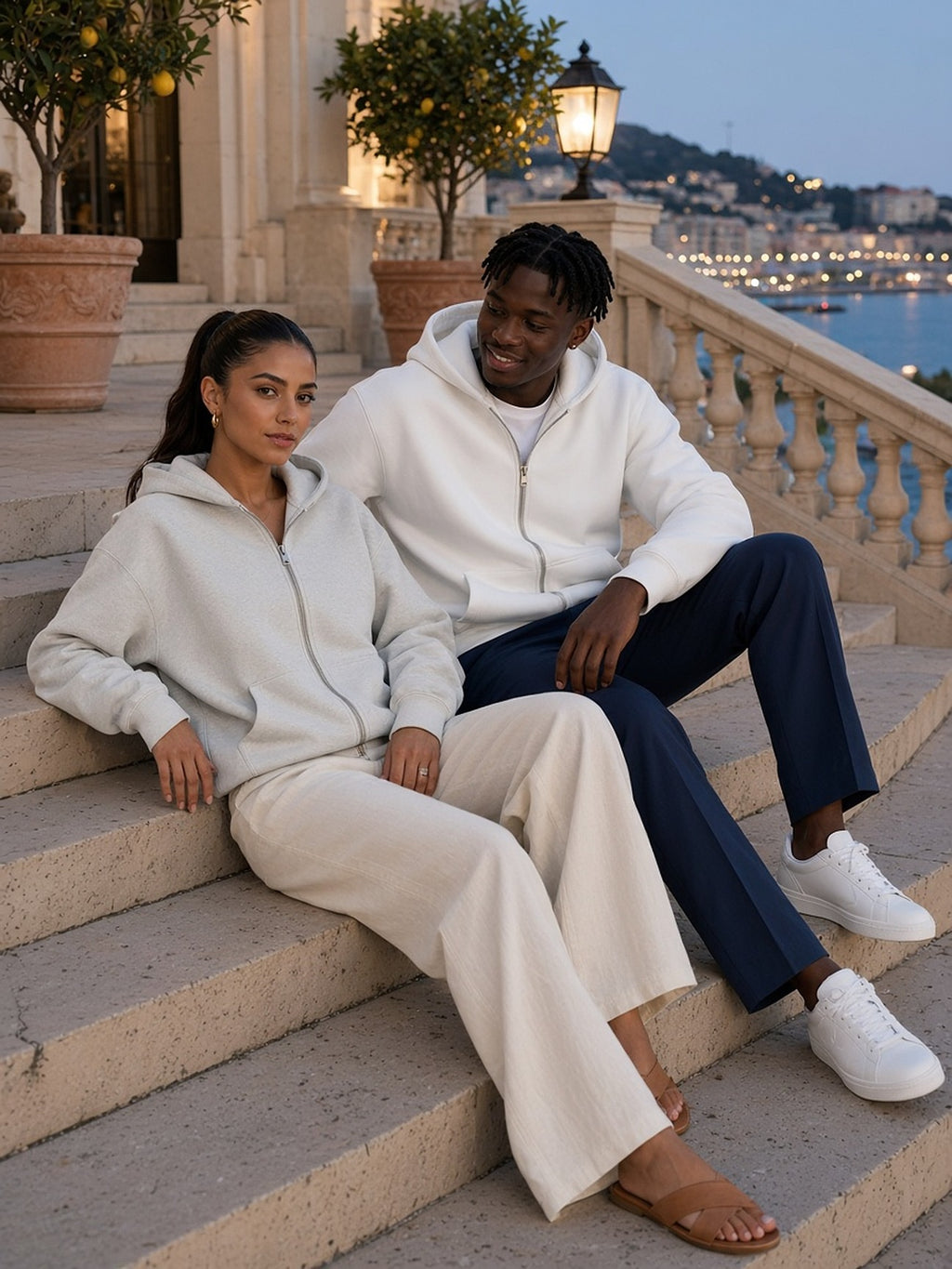 Two people in the Heavyweight Full Zip Hoodie in Oat Gray and White, sitting on the steps of a Nice hotel terrace at blue hour