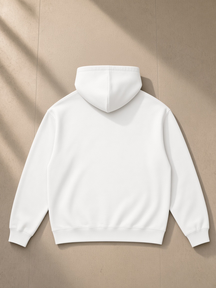 Heavyweight full-zip hoodie in White, laid flat on pale limestone, back view