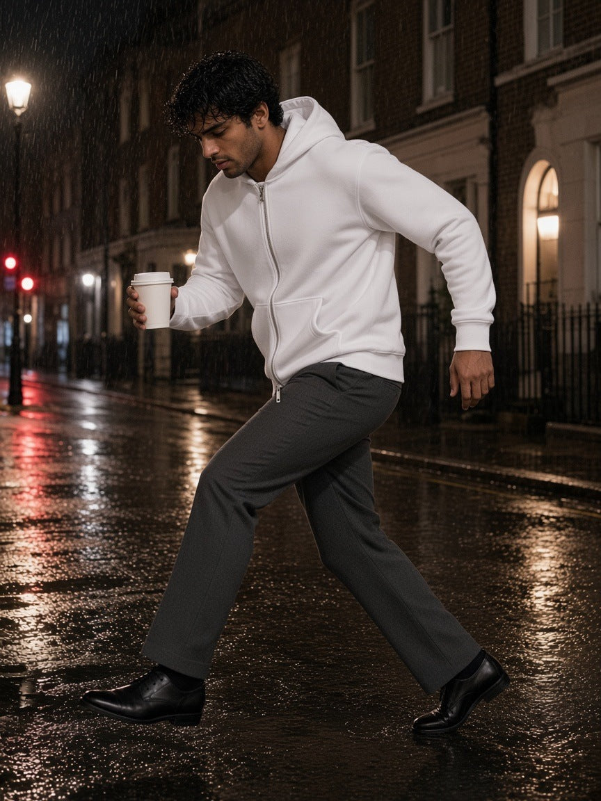 Man in the Heavyweight Full Zip Hoodie in White with charcoal trousers, stepping over a puddle on a rainy London street at night