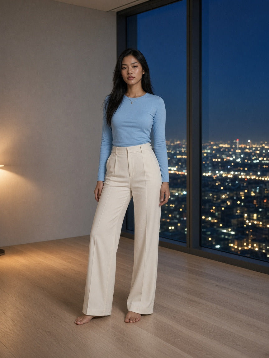 Model wearing the Heavyweight Long Sleeve T-Shirt in Sky Blue, full-length model photo