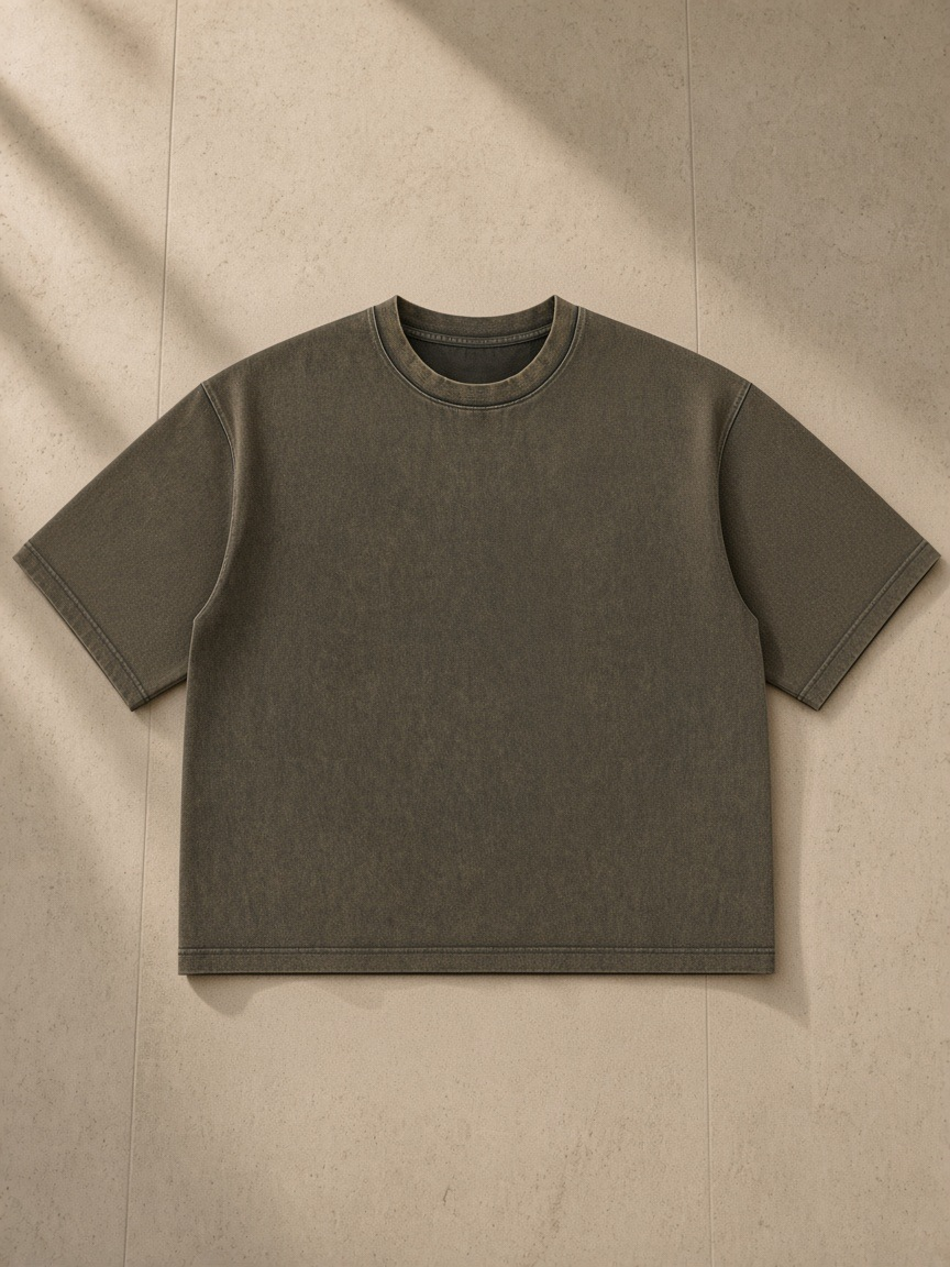 Heavyweight Mineral Wash Boxy T-Shirt in Brown, laid flat on pale limestone