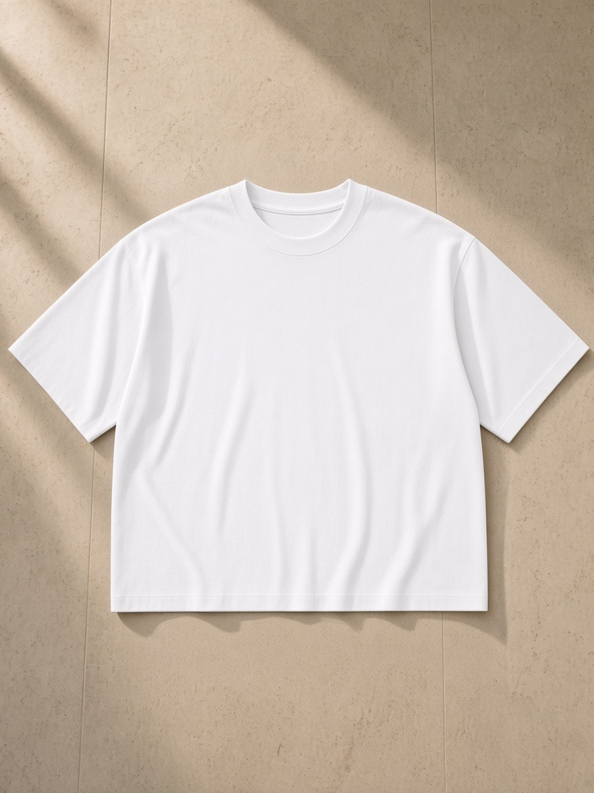 Heavyweight Mineral Wash Boxy T-Shirt in White, laid flat on pale limestone