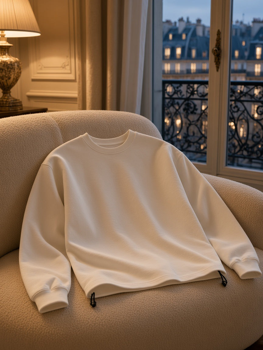Marcel Afters Heavyweight Oversized Boxy Sweatshirt in White, laid flat, against a plain white background