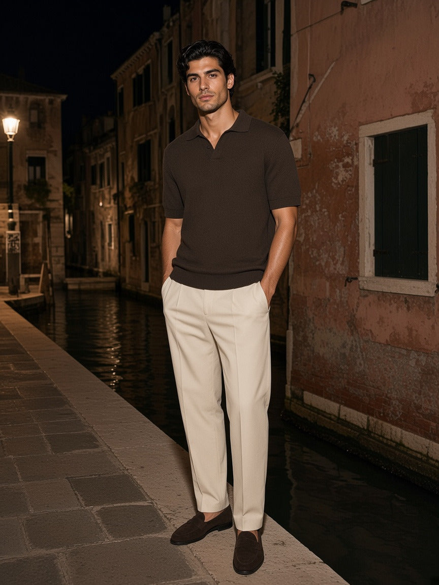 Model wearing the Heavyweight Oversized Polo in Dark Brown, full-length model photo