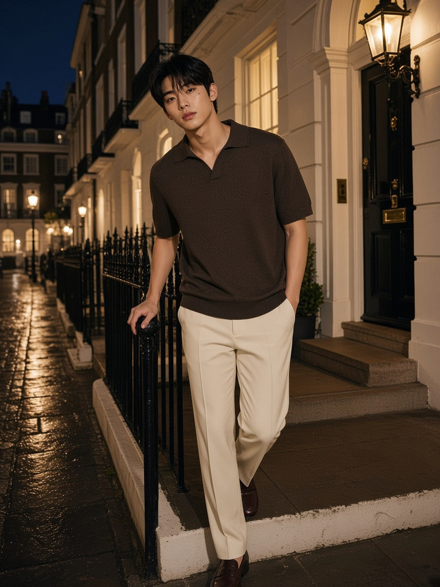 Man wearing the Heavyweight Oversized Polo in Dark Brown, full-length model photo