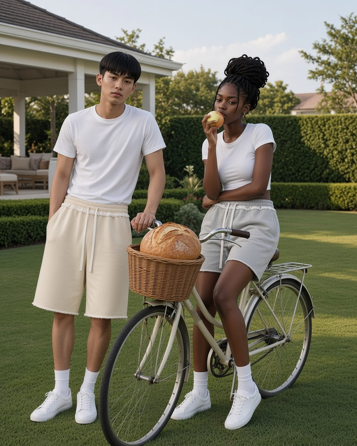Two people in the Heavyweight Raw Edge Shorts in Flower Gray and Apricot with a vintage bicycle on a club lawn