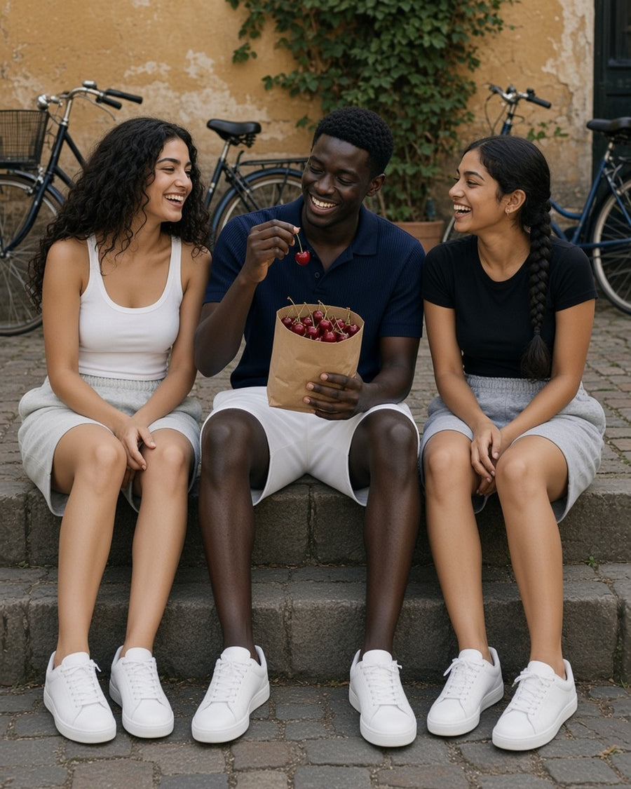 Three people in the Heavyweight Shorts in Oat Gray, White and Flower Gray sharing cherries in a Copenhagen courtyard