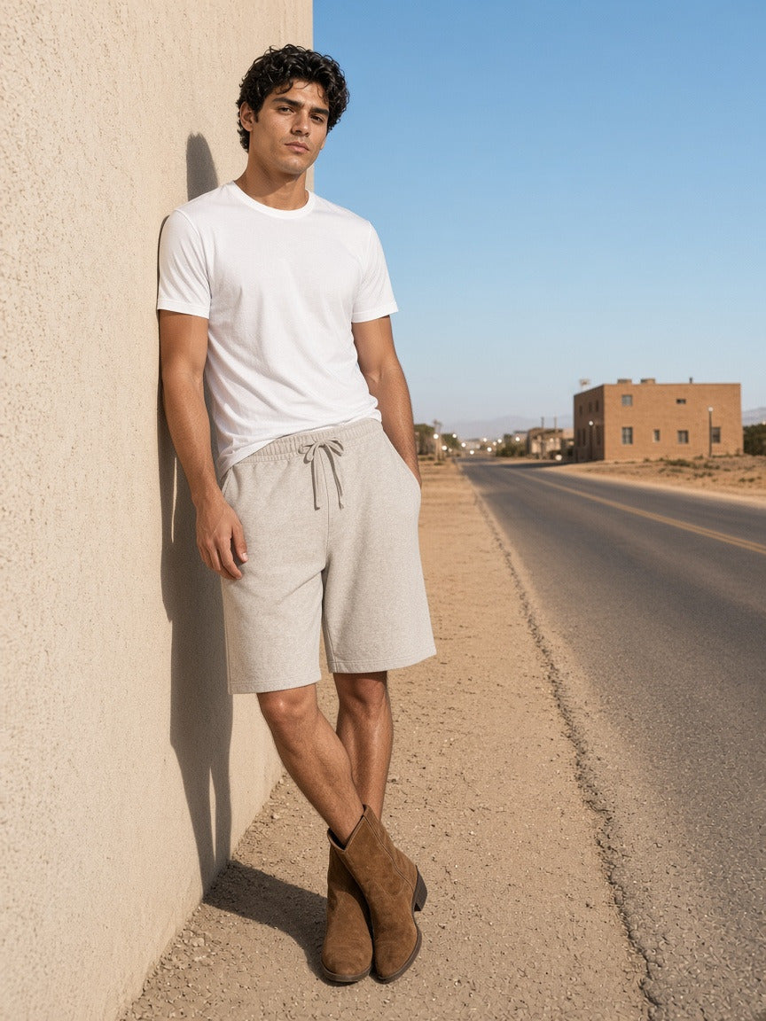 Man wearing the Heavyweight Shorts in Oat Gray, full-length model photo