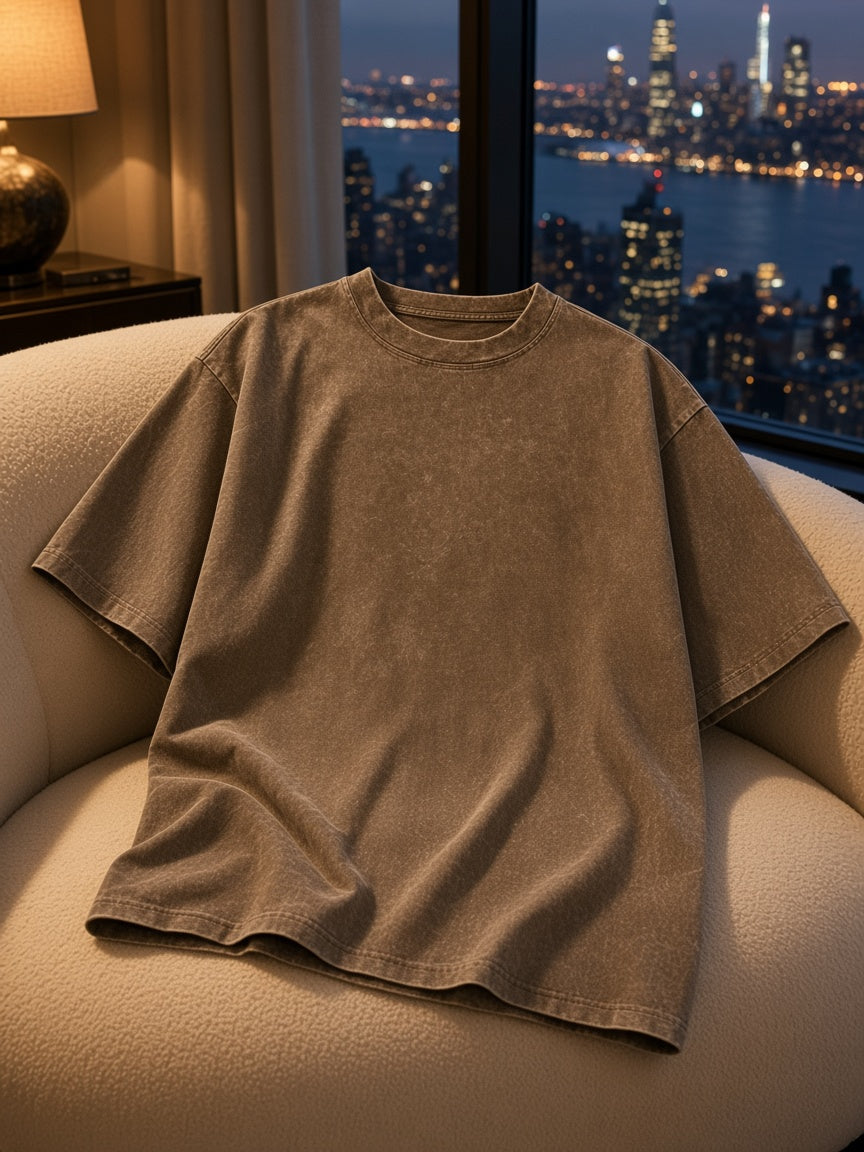 Marcel Afters Heavyweight Snow Washed T-Shirt in Olive Green, laid flat, city