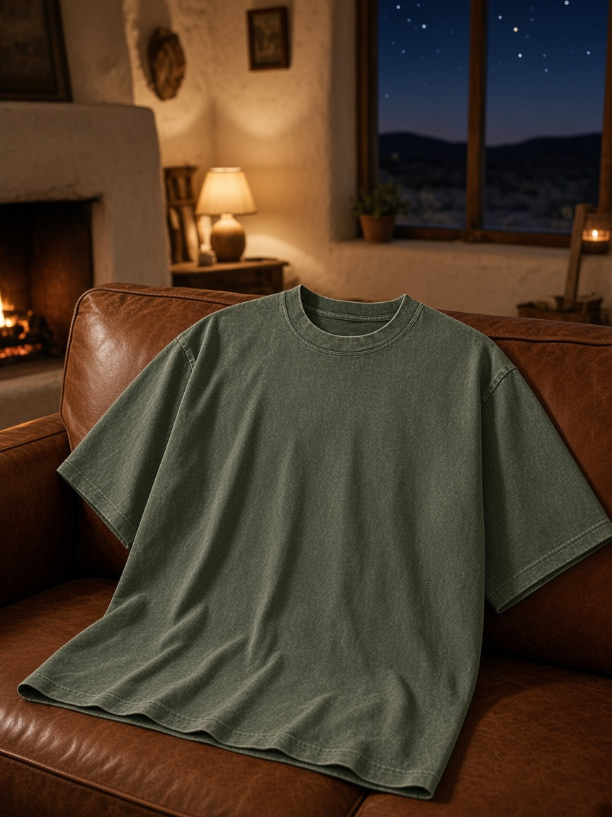 Marcel Afters Heavyweight Snow Washed T-Shirt in Olive Green, laid flat, living room