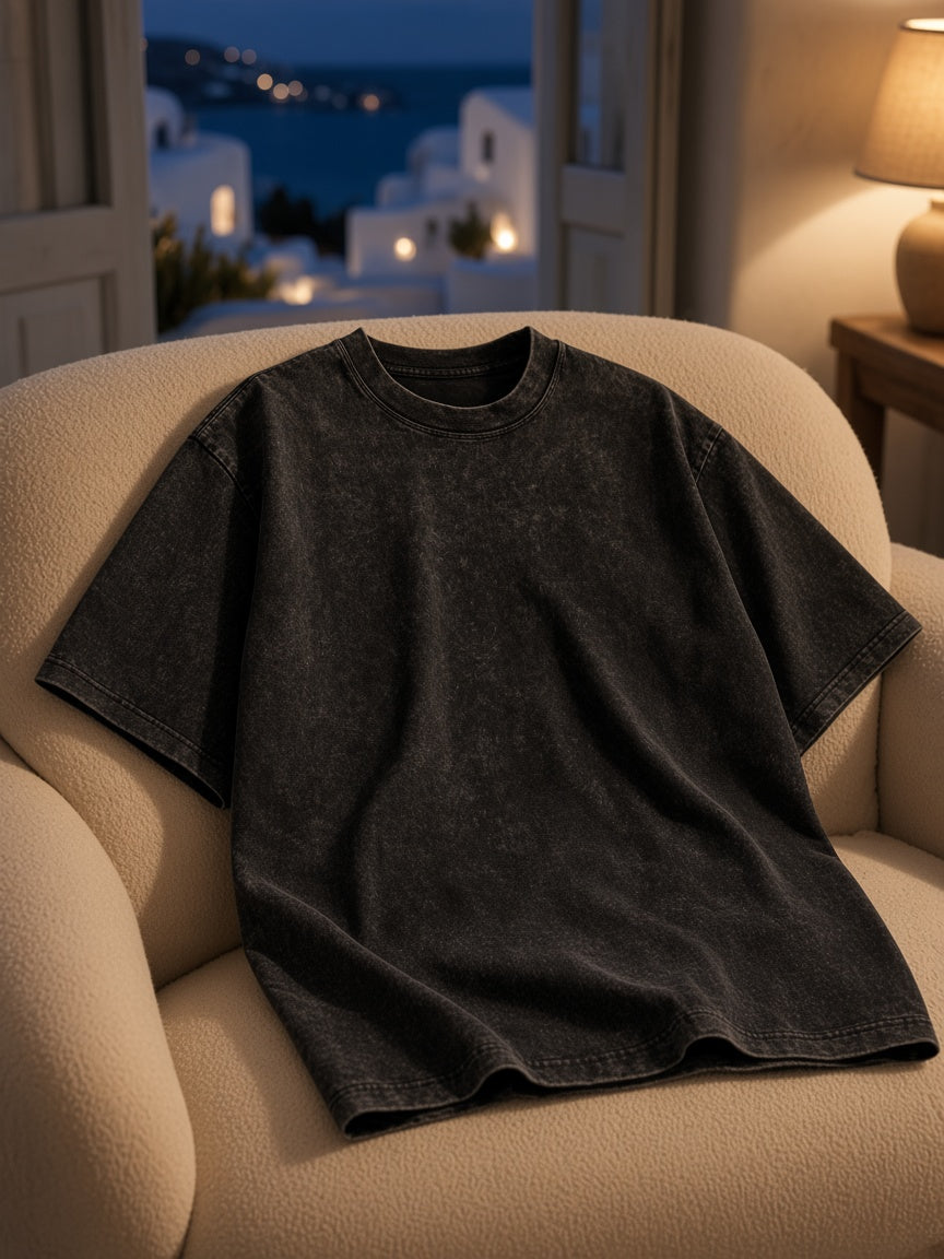 Marcel Afters Heavyweight Snow Washed T-Shirt in Dark Gray, laid flat, living room