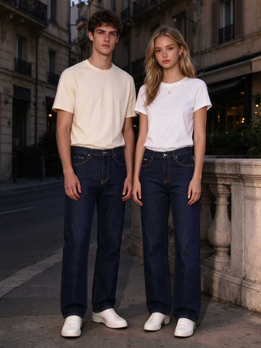 Two people wearing the Heavyweight Straight-Leg Denim Jeans in Navy Blue, full-length model photo