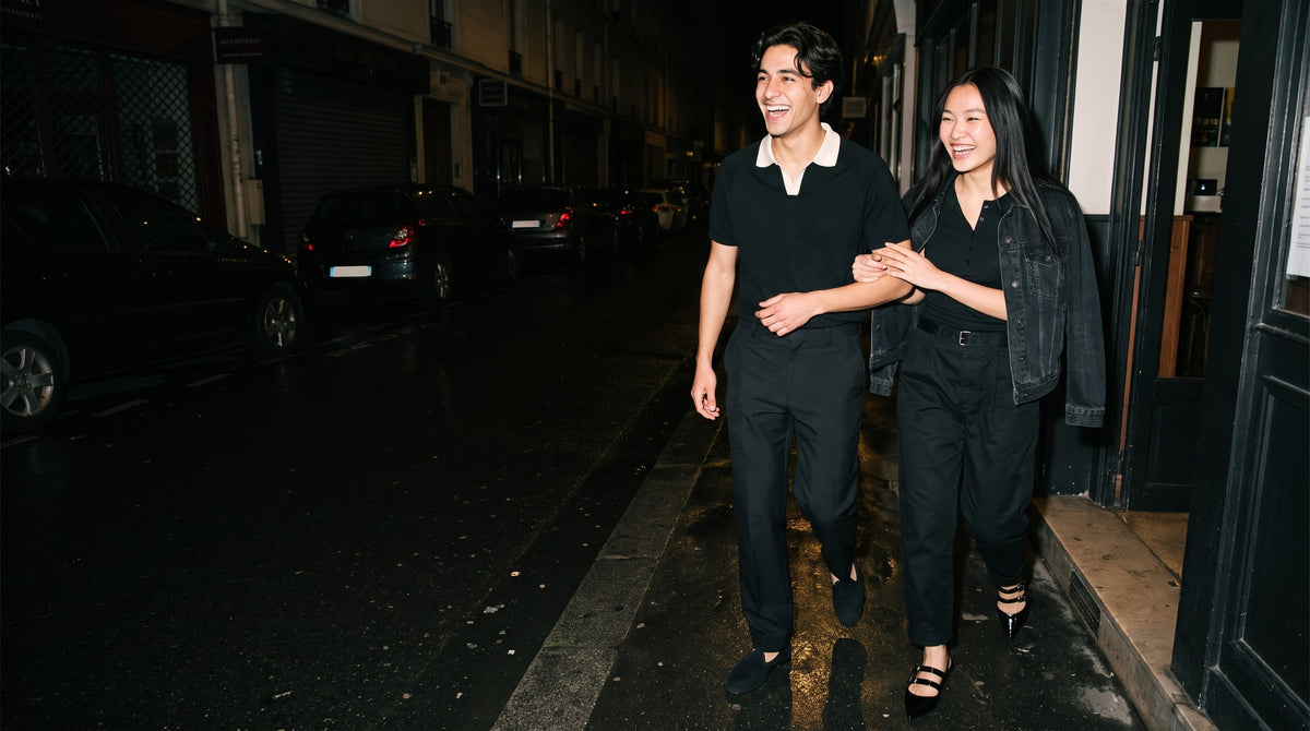 Woman wearing the Marcel Afters Heavyweight Straight-Leg Trousers in Black, full-length editorial photograph