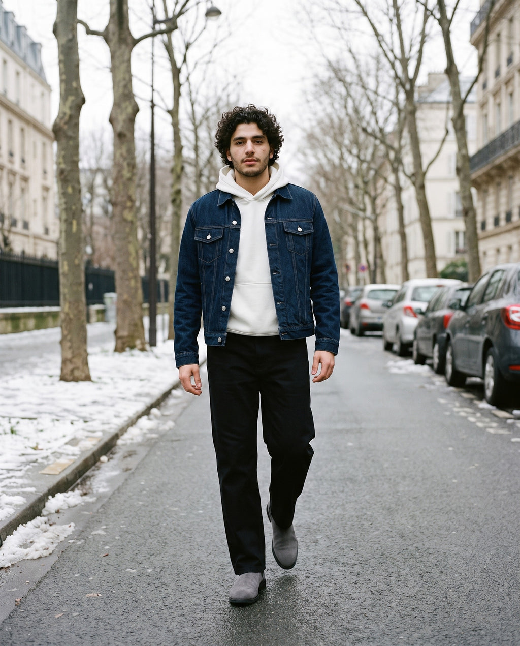 Man wearing the Marcel Afters Heavyweight Straight-Leg Trousers in Black, full-length editorial photograph