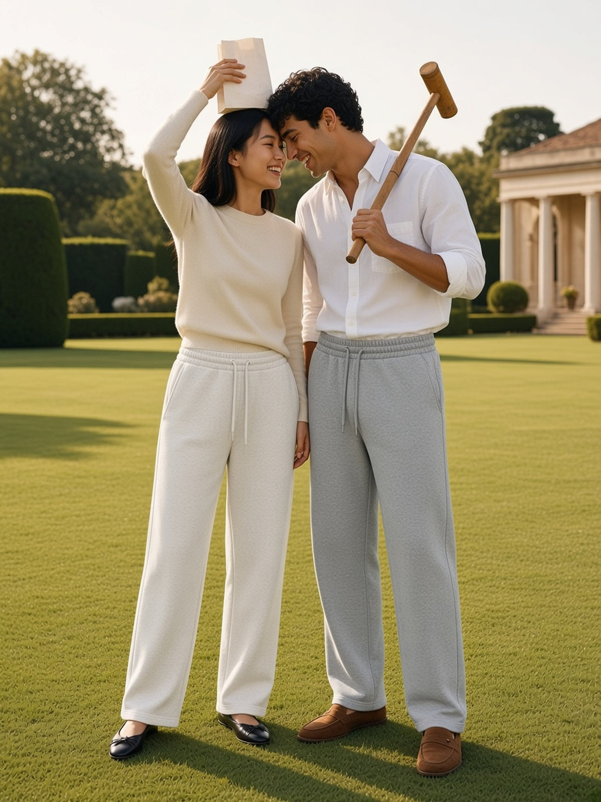 Two people in the Heavyweight Sweatpants in Oat Gray and Flower Gray, forehead to forehead on a croquet lawn