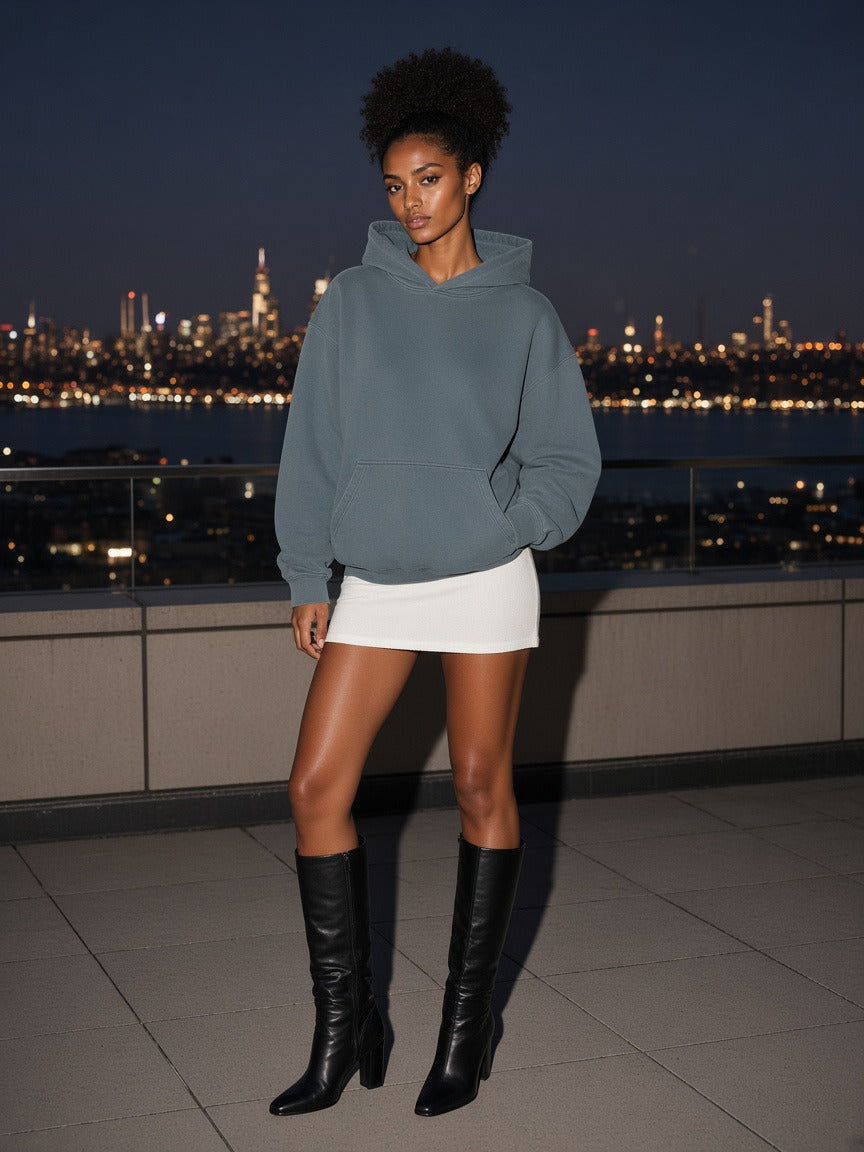 Model wearing the Heavyweight Vintage Wash Boxy Hoodie in Haze Blue, full-length model photo