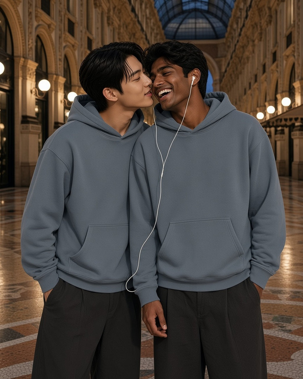 Two men in the Heavyweight Vintage Wash Boxy Hoodie in Haze Blue sharing earphones in a Milan arcade at night