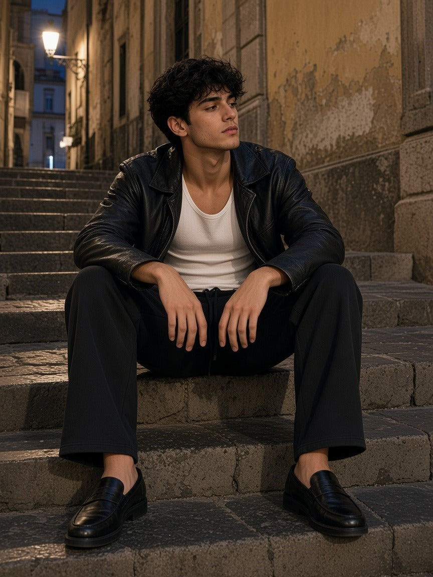 Man wearing the Heavyweight Vintage Wash Sweatpants in Black, full-length model photo