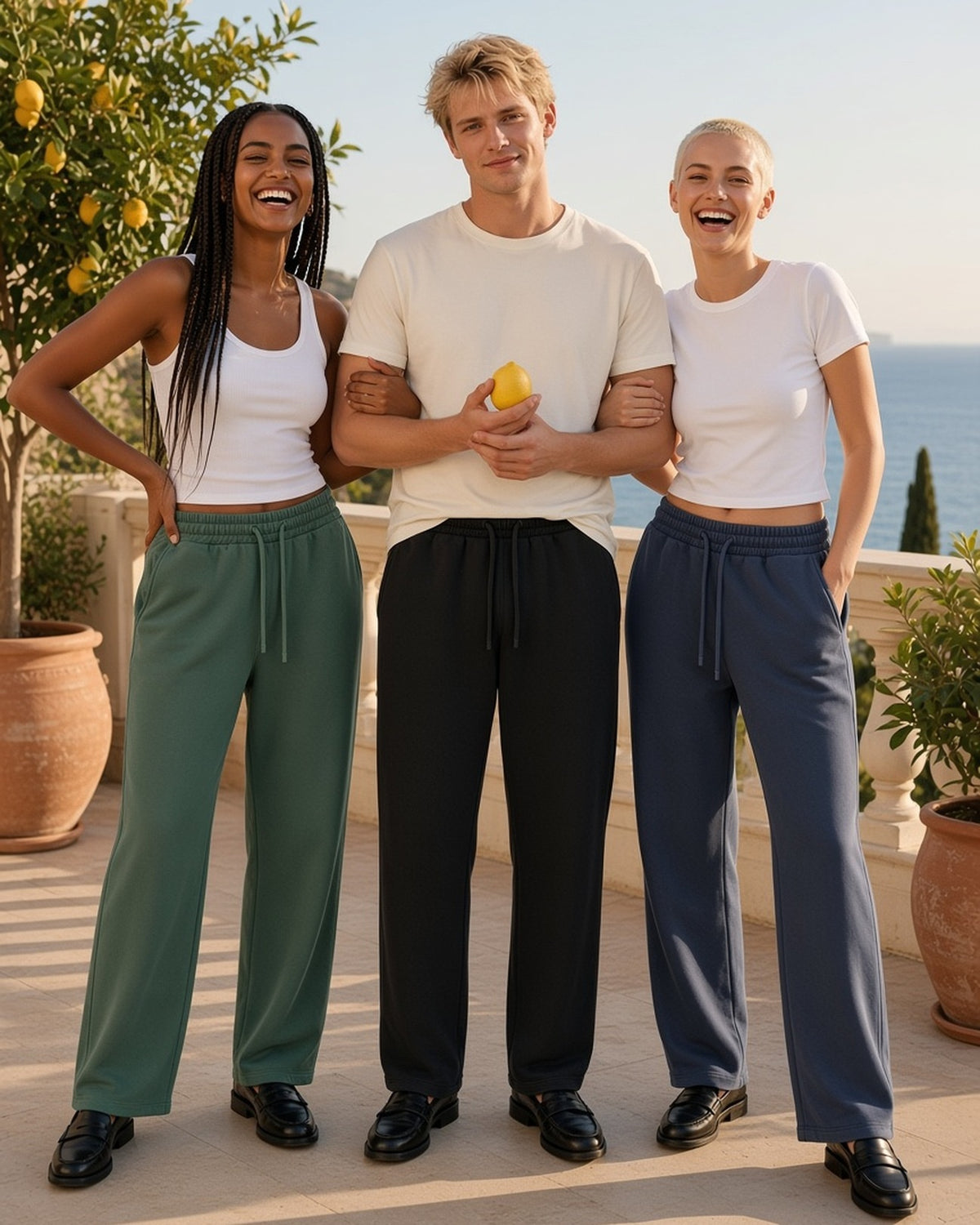 Three people in the Heavyweight Vintage Wash Sweatpants in Blackish Green, Black and Washed Blue on a Riviera terrace with a lemon